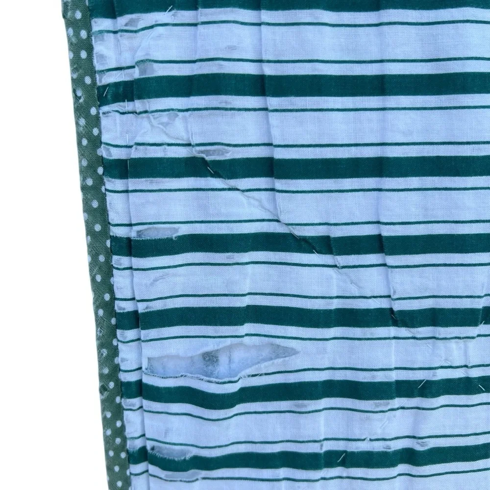 VTG Garden Block Quilt Floral Striped Reversible Hand Sewn Pink Green 82x84 FLAW